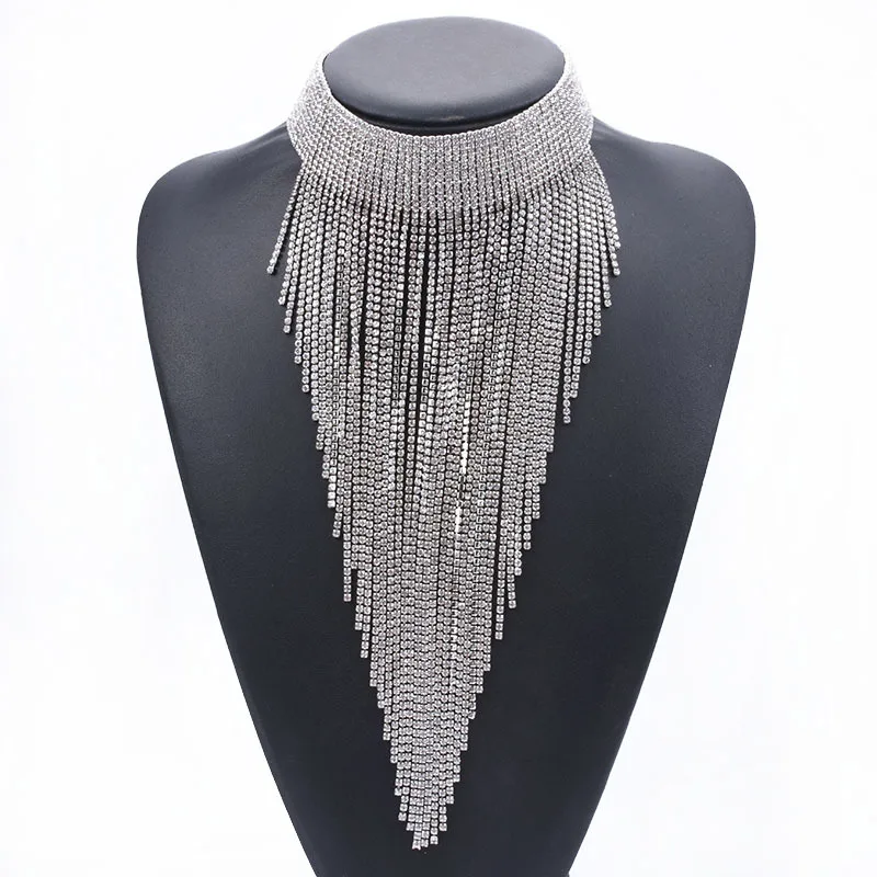 NB1439 Fashion rhinestones tassel necklace Zinc alloy Chunky necklaces Crystal Choker necklace jewelry