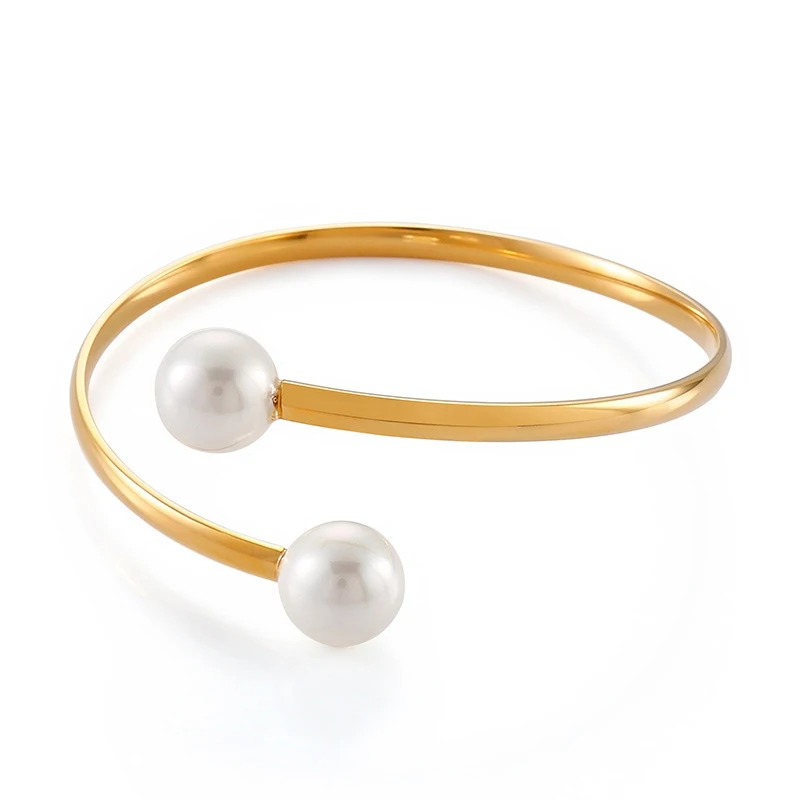 

Simple Gold-Plated Stainless Steel Artificial Pearl Ball Bangles Minimalist Women Elegant Temperament Bracelet Fashion Jewelry, Picture shows