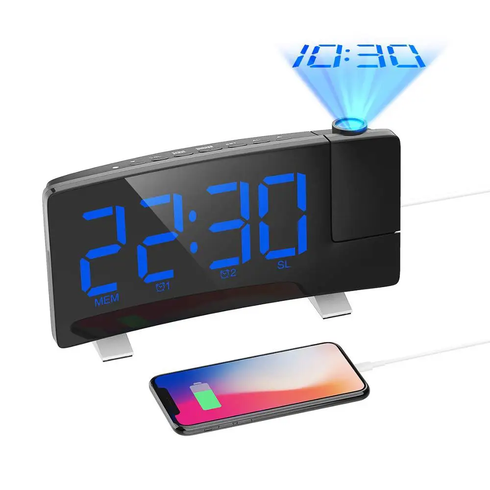 

Digital 7 Curved-Screen Super Large LED Display Projector Alarm Desk Clock Projection FM Radio Table Clock With USB Charger, Any pantone color;led color;customized logo;package all available