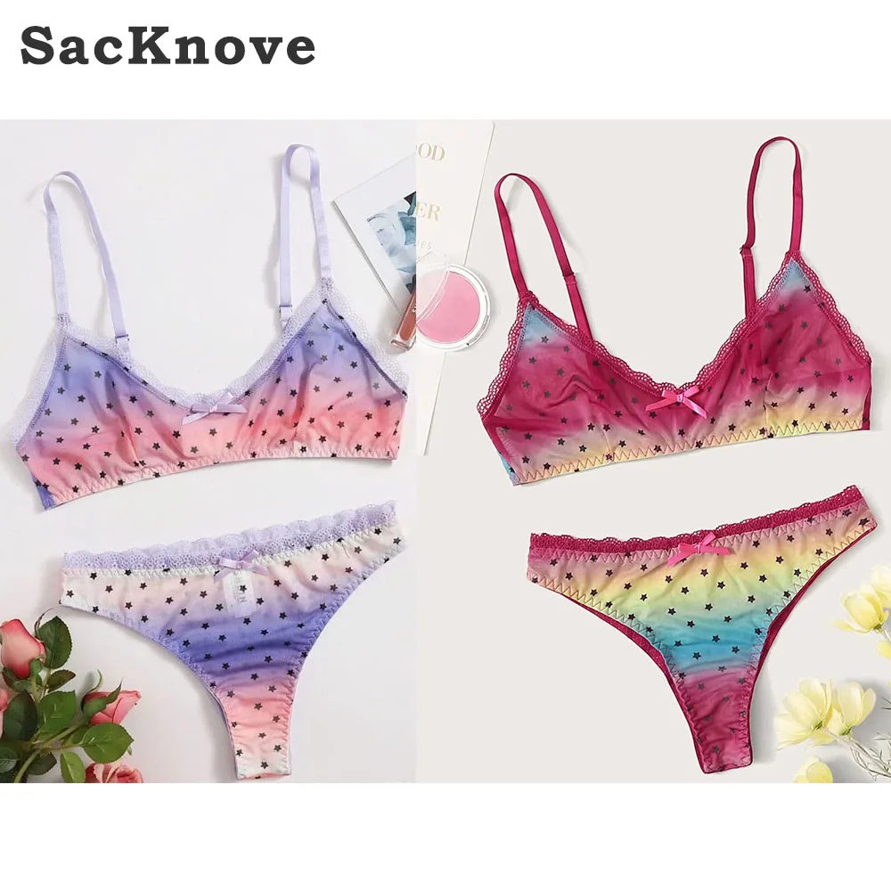 

SacKnove W498 New Style Pretty Girls Sexy Rainbow Star Gradient Color Private Label 2 Piece Lingerie Set Women, Rose red, light purple