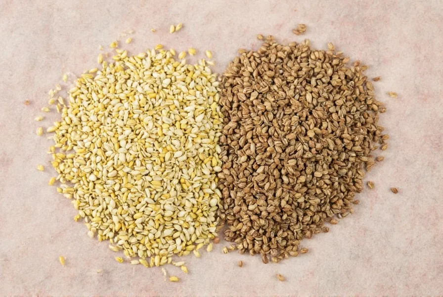Close-up comparison of fennel seeds, anise seeds, and star anise on white background showing size, color and shape differences