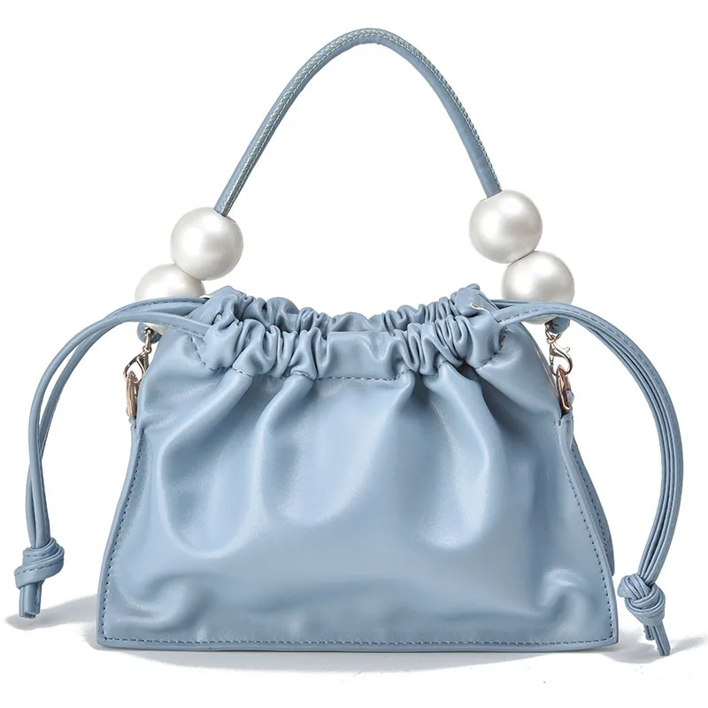 

Elegant Ladies Pu Leather Bag Blue White Pearl Drawstring Handbag