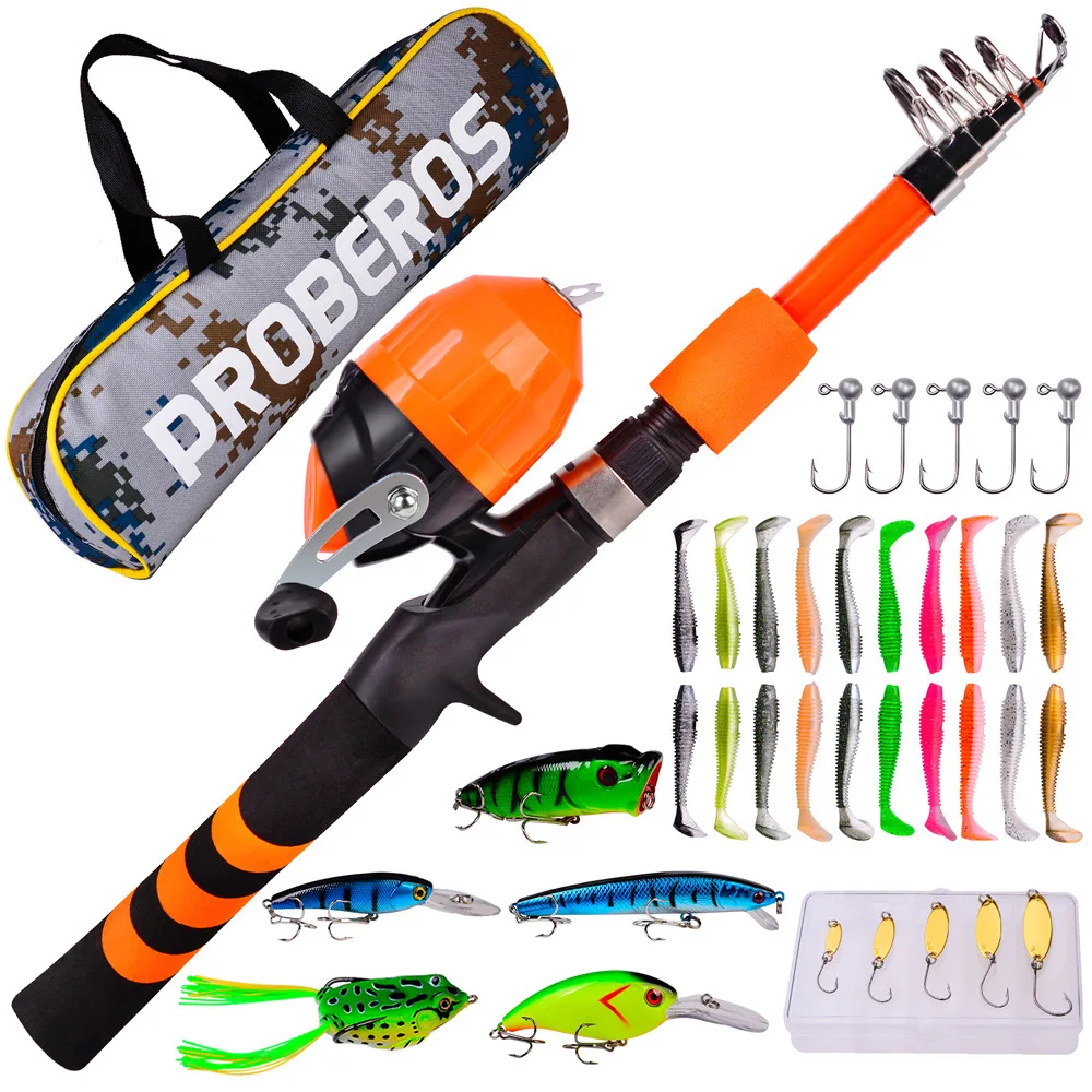 

Telescopic Fishing Rod Set For Kid Cann a Pech Big Storage Bag With Fishing Lure Reel Line Kit Pescarias 38pcs Set Tackle Bags