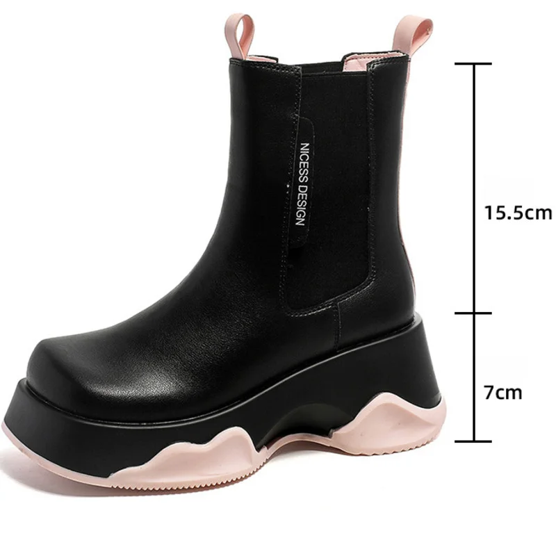 

Dropshipping Custom Logo Chunky Platform Ladies Chelsea Boots Women Shoes Genuine Leather Wedges Heel Boots