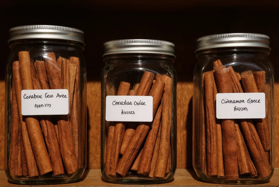 Glass jars containing cinnamon sticks stored in a cool, dark pantry with proper labeling showing purchase dates