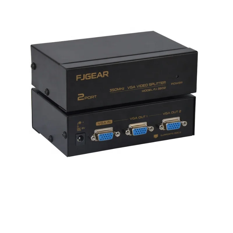 

High quality 350MHz 1 input to 2 output VGA video spliter Amplifier with 2 ports 2K 1080P EU US plug 350MHz vga video splitter, Black