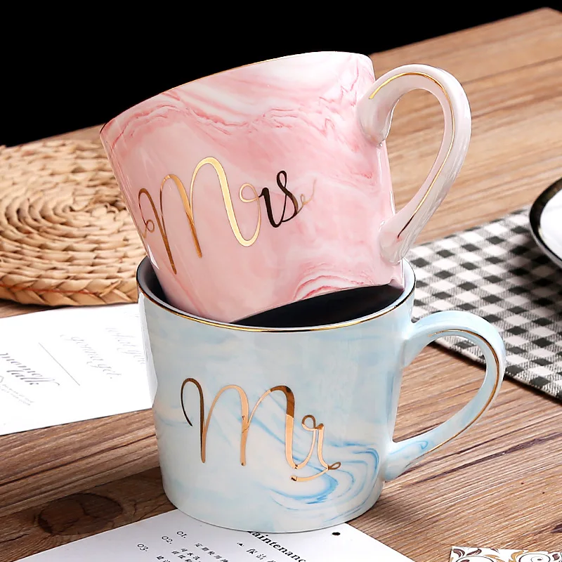 

Seaygift wholesale new trend style 11 oz creative Mr and Miss ceramic coffee couple mugs, Pink/blue