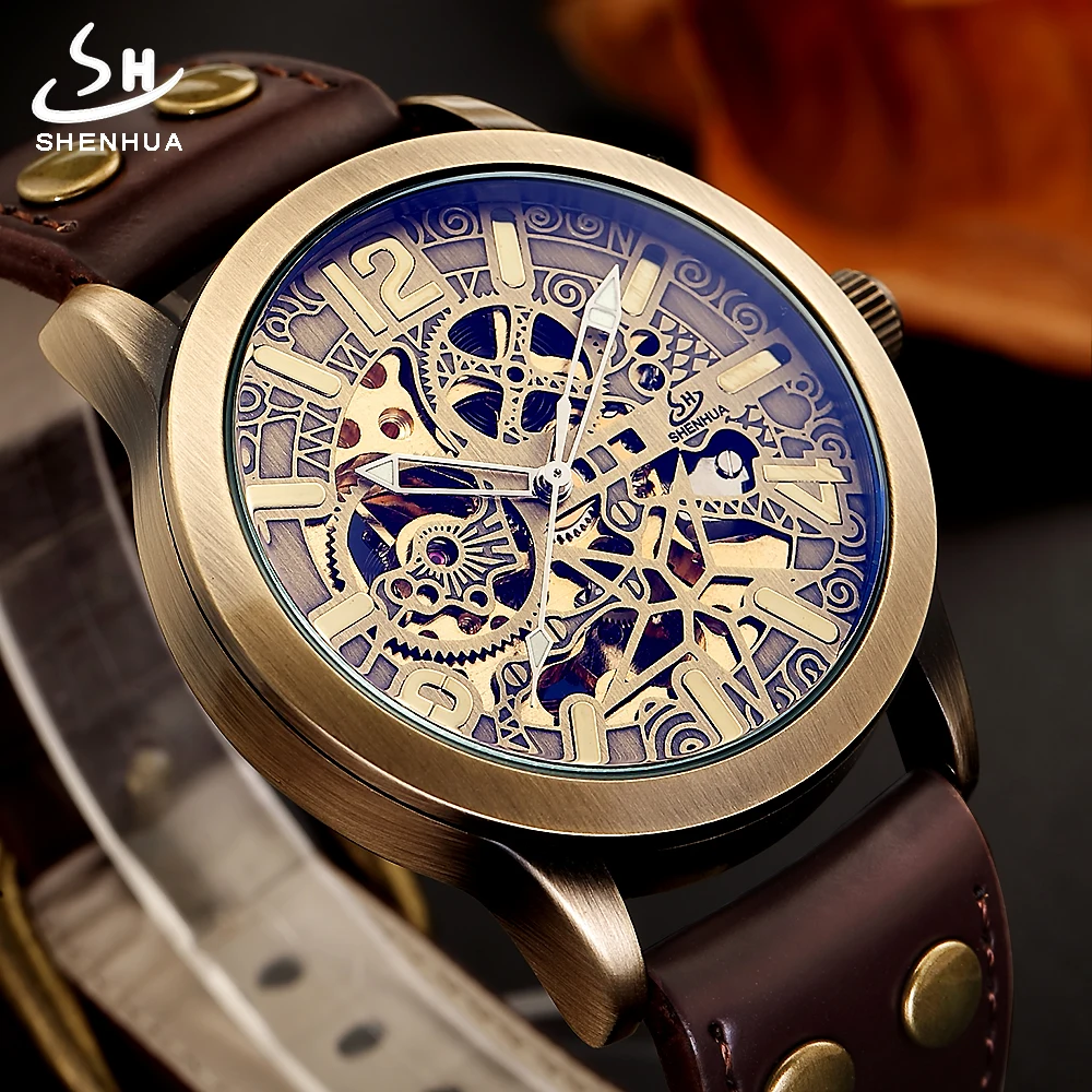 

Shenhua 09 men Automatic Mechanical Watches Vintage Bronze Skeleton Watch Men Automatic Winding Watch