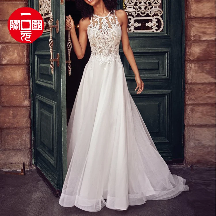 

2021 European and American foreign trade new style lace sleeveless halter wedding dress evening dress