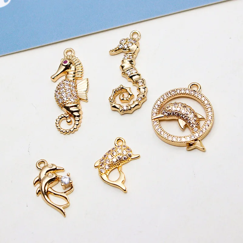 

New CZ gold plated copper zircon fish tail dolphin sea horse pendant charm for earring necklace jewelry making, Multiple colors