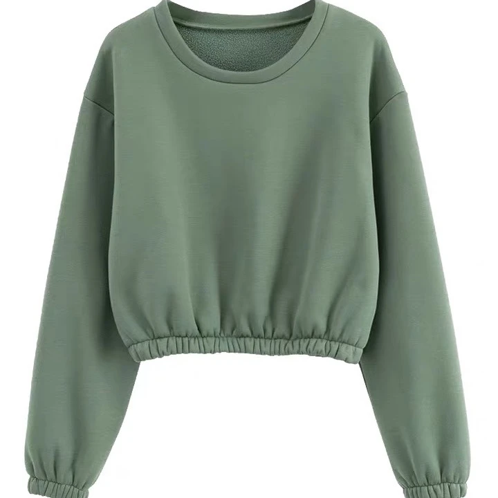 

2021 Spring New Fashion  Polar Fleece inside Women Crewneck Green Crop Top Sweater Solid Sweatshirt with Elasticated Hem, Custom