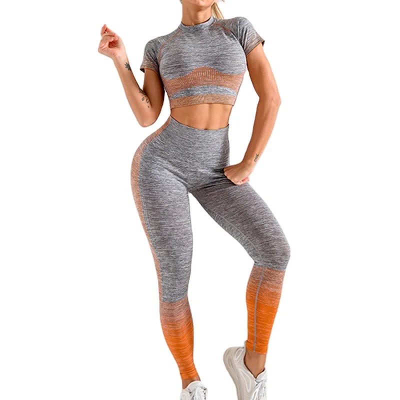 

2021 Ombre Seamless 2 Piece Women Sport Suit Gym Workout Clothes Short Sleeve Fitness Crop Top Scrunch Butt Leggings Yoga Sets, Blue grey pink light blue
