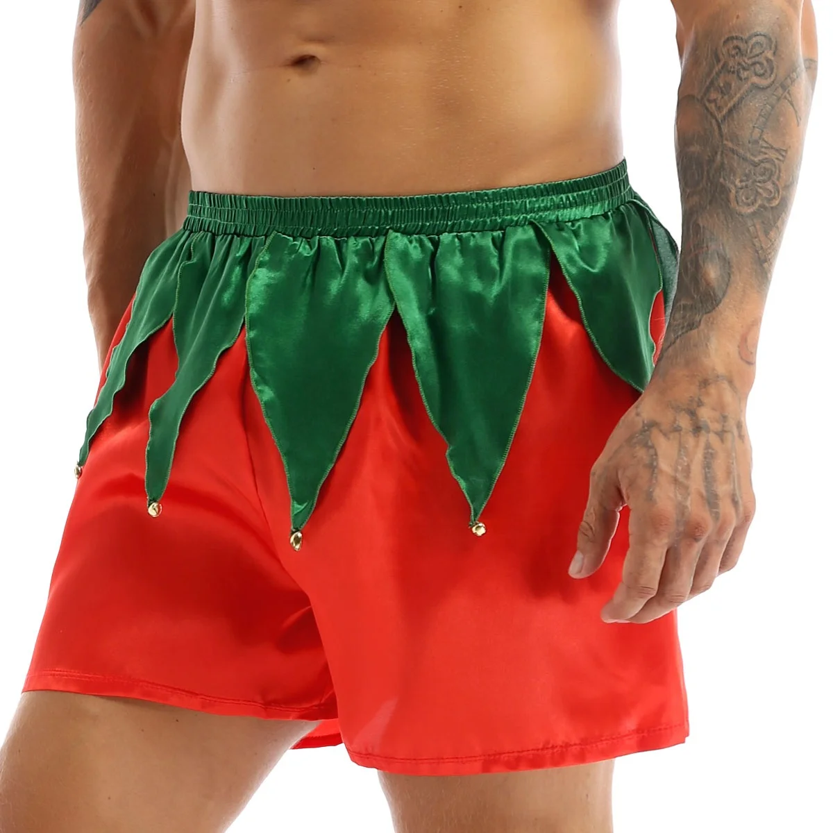 

Red Men comfortable Shiny bells Soft Satin Santa Claus Christmas Holiday Costume Boxer Shorts role play costume Cosplay Panties