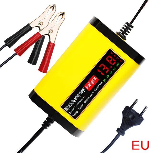 

12V 2A Smart Lead Acid Battery Charger Full Automatic Charging Adapter for Car Motorcycle Electric Bike Scooter LCD Display, Yellow