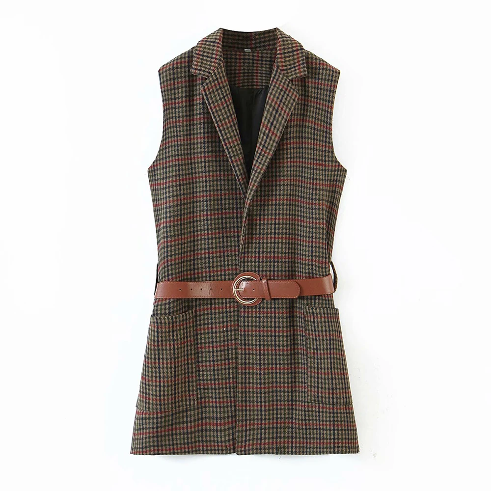 

2021 Za New Women's European and American style woolen woolen belt plaid vest suit collar waist vest jacket, Khaki