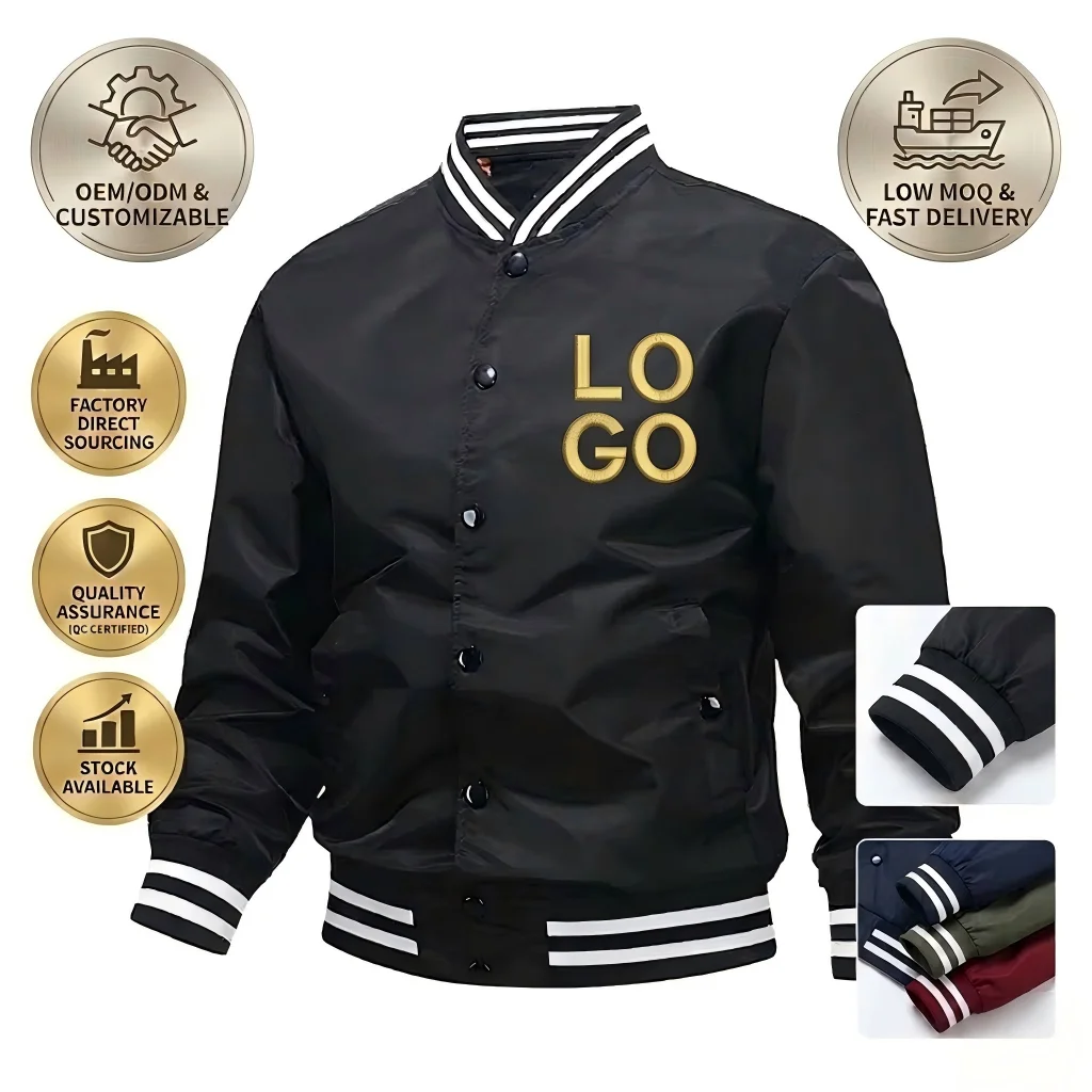 Custom Logo Varsity Jacket Men Solid Color Baseball Jacket Casual Streetwear Jacket With Pocket Spandex Polyester ODM OEM