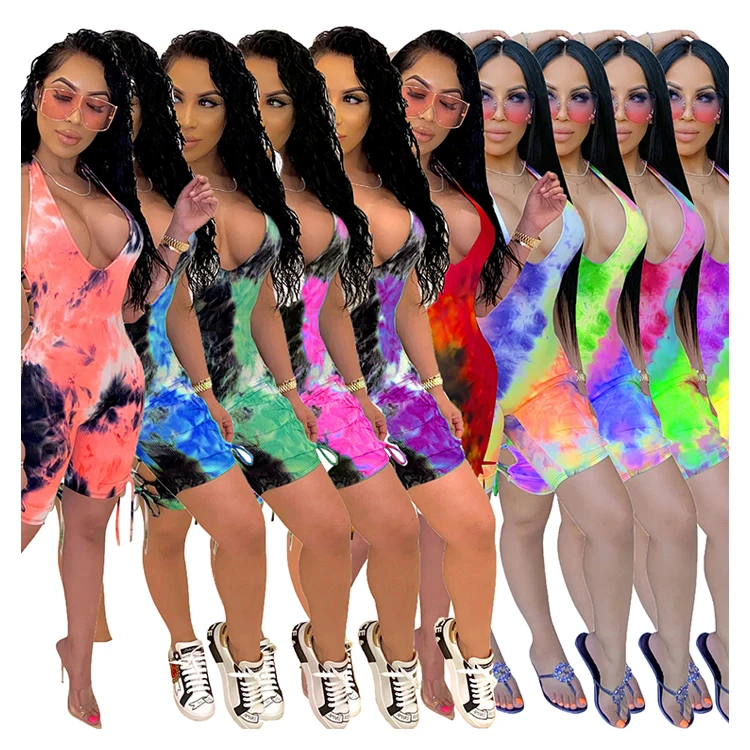 

CM727 Sexy Sling Hanging Neck Hollow Women Jumpsuit Romper Tie Dye Jumpsuit Mesh Jumpsuit