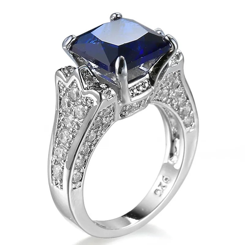 

10x10mm Chic Big Cubic Zirconia Diamond Wedding Engagement Ring Four Claw Square Sapphire Stone Ring, Silver