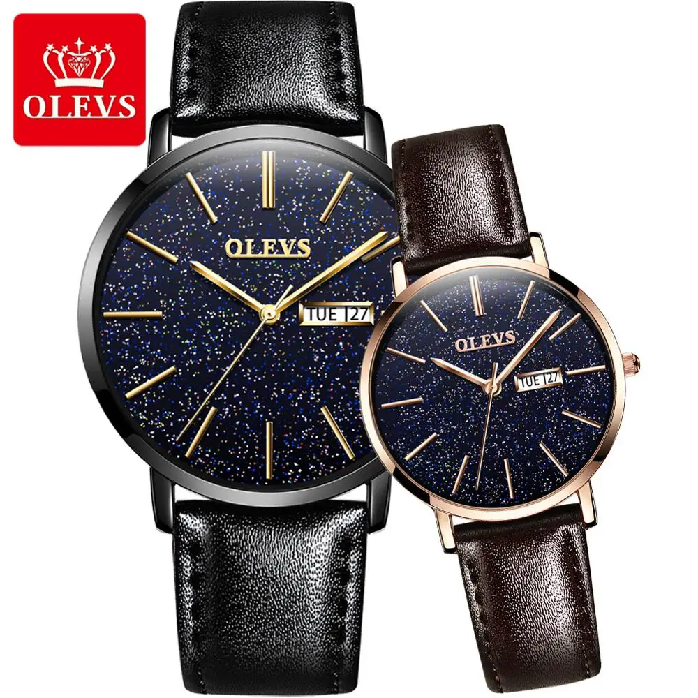 

2866 OLEVS Brand Fashion Casual A Pair Wristwatch For Men and Women Pu leather Strap Material Day/date Quartz Clock Lover Watch, 2 colors