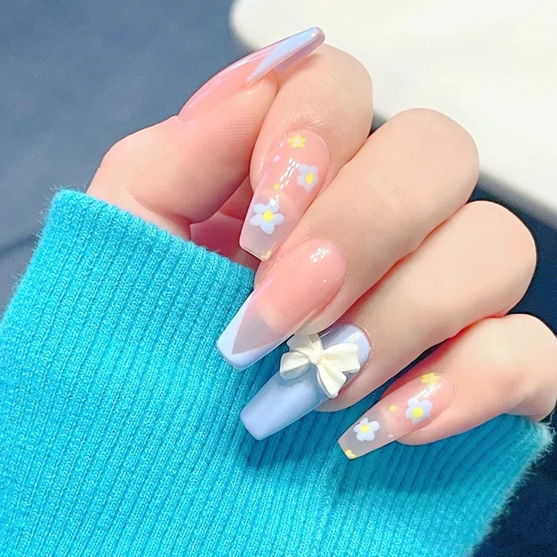 

24pcs/Box Long blue and Pink Ballet Nail With Bow and Diamond V-Shaped French Manicure Ultra-thin Wearable Nail Press on Nails, Picture
