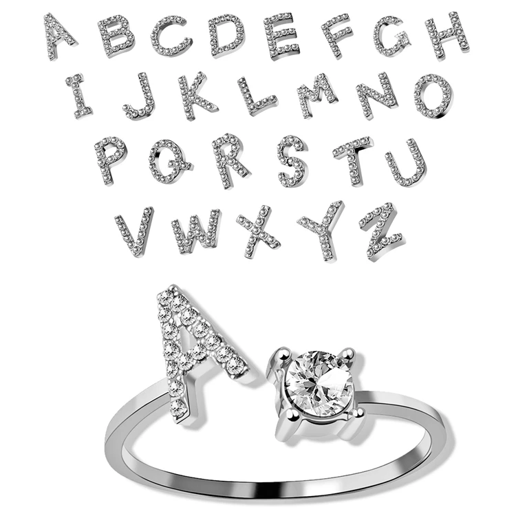 

Custom Fashion 925 Silver 3d Cubic Zirconia Rhinestone Finger Open  26 Letter Rings With Initial For Women