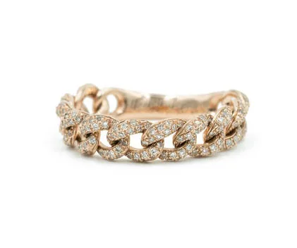 

14K Rose Gold Diamond Pave Chain Link Ring Cuban Link Band Ring