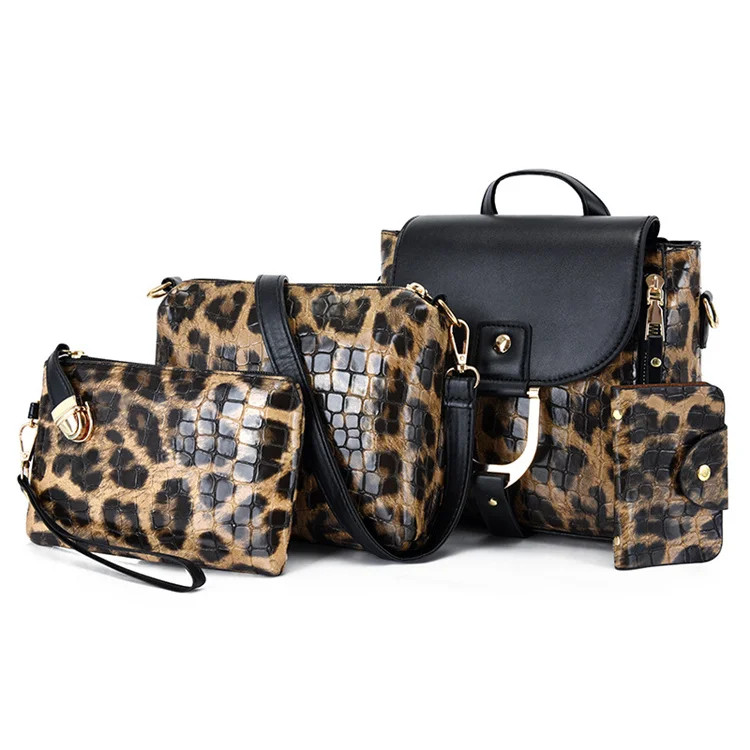 

2021 fall leopard print women hand bags messenger bag dual-use pu leather luxury designer 4pcs purses and handbag set, Black, gray,red , purple,brown