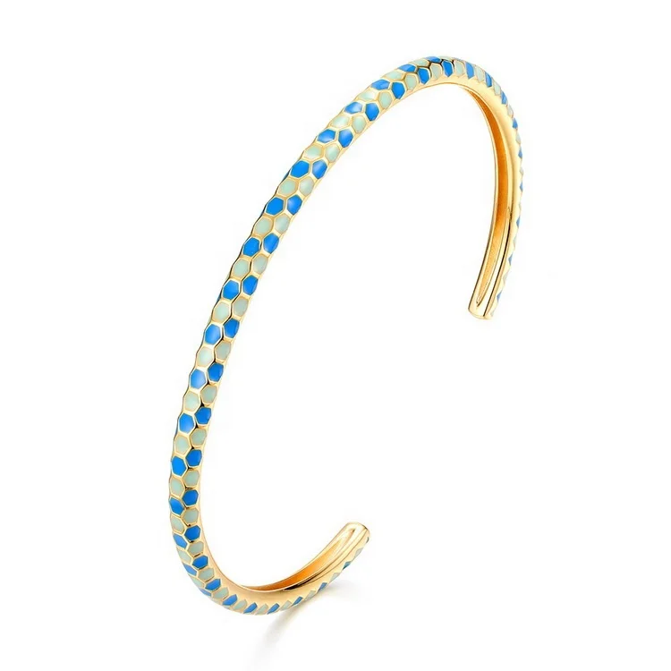 

Handmade women jewelry pentagon enamel 925 sterling silver gold cuff bangle bracelet
