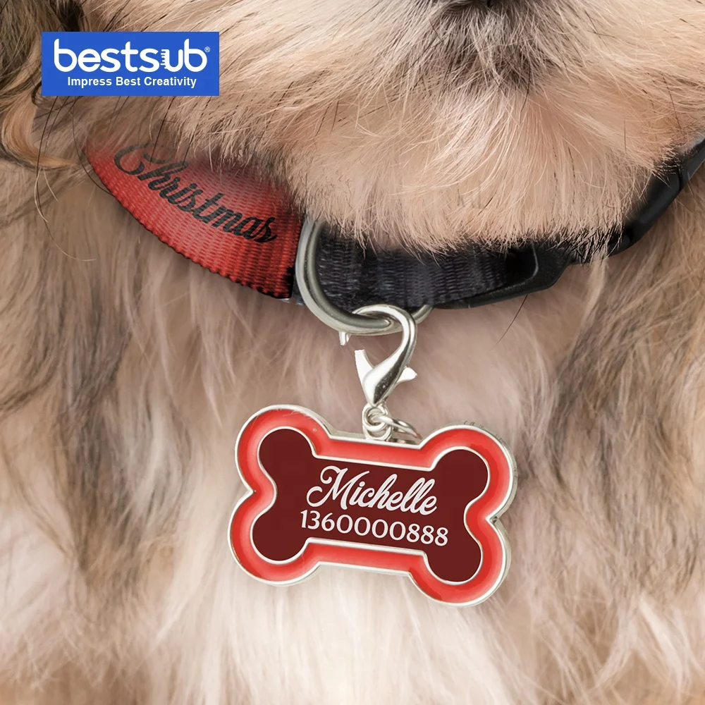 

Bestsub Customized High Quality Color Edge Metal Bone Shaped Sublimation Blank Pet Military Id Name Collar Chain Tag For Cat Dog, 4 colors