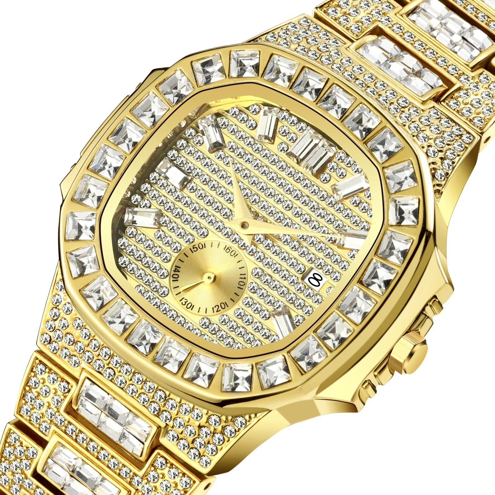 

Luxury Gold 18K Model Fully Paved Baguette Diamond Mens Watches Waterproof Calendar Male Clock Hours