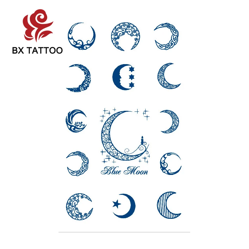 

BXTAT Semi Permanent Blue Genipa Juice Tattoos of Flowers Moon Tribal Plumage Diamond Metabolism Discoloring GZ055to60