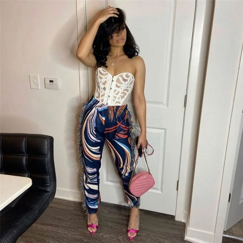 

Free Sample 2021 Summer Women'S New Product Fashion Digital Printing Street Fringed High Waist Straight Casual Trousers Pants, Customized color