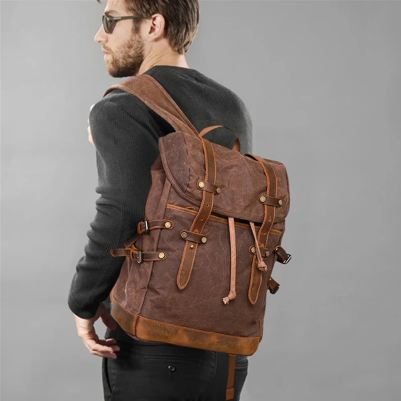 

Custom Vintage Camping Outdoor Travel Hiking Laptop Waterproof Casual Sports Waxed Canvas Rucksack Backpack Bag For Men