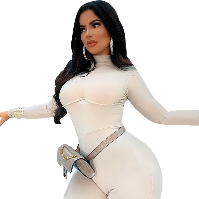 

MS20510 Fashion Solid Long Sleeve bandage bodycon jumpsuit wholesale woman 2020 One Piece playsuits Casual jumpsuit