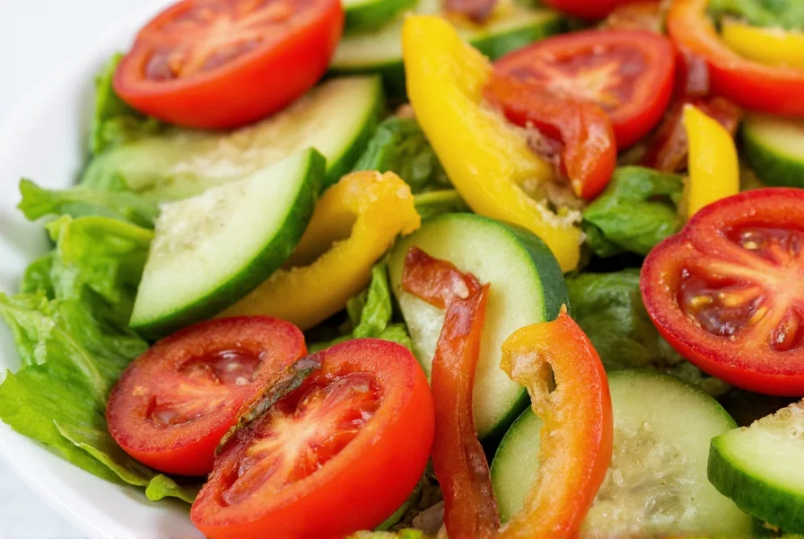 Colorful salad featuring sliced red bell peppers, cherry tomatoes, cucumber, and mixed greens