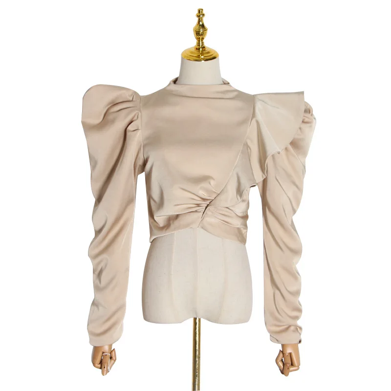 

Spring New high quality long sleeve shirt ruffles blouse woman's stand collar tops office ladies long puff sleeve blouse