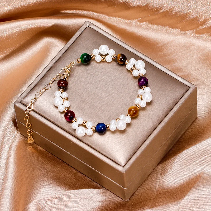 

OUYE Hot Fashion Exquisite Crystal Transfer Beads Simple Colorful Tiger Eye Pearl Bracelet Female, Picture shows