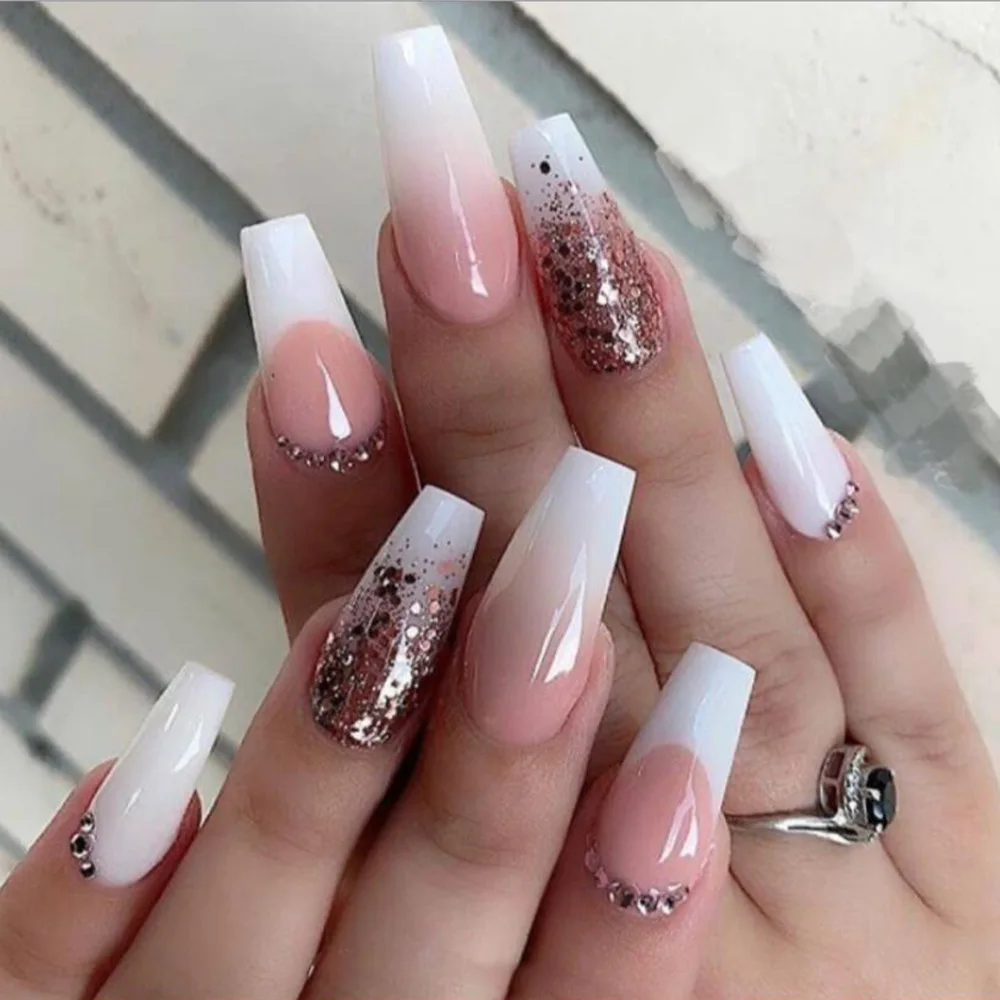

24pcs press on nail pink false nail rhinestone decoration glitter long ballet nail detachable artificial fingernail