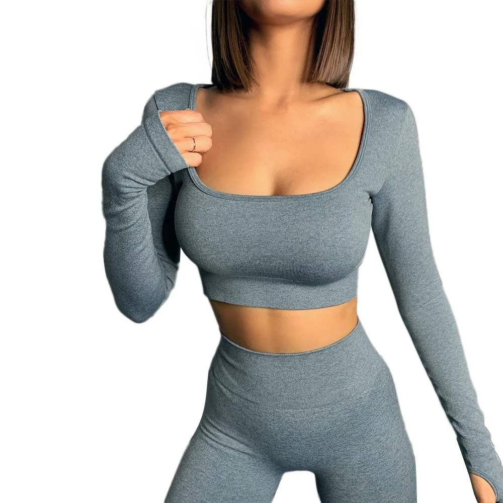 

Workout Clothes Athletic Wear Sports Gym Legging Seamless Fitness Bra Crop Top Long Sleeve Yoga Suit, Customized colors