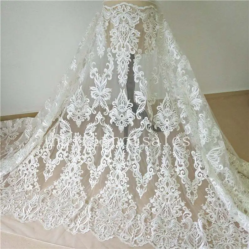 

High Quality Alencon Lace Fabric Vintage Palace Floral Embroidered Ivory Tulle Fabric Bridal Gowns By The Yard 51" Wide