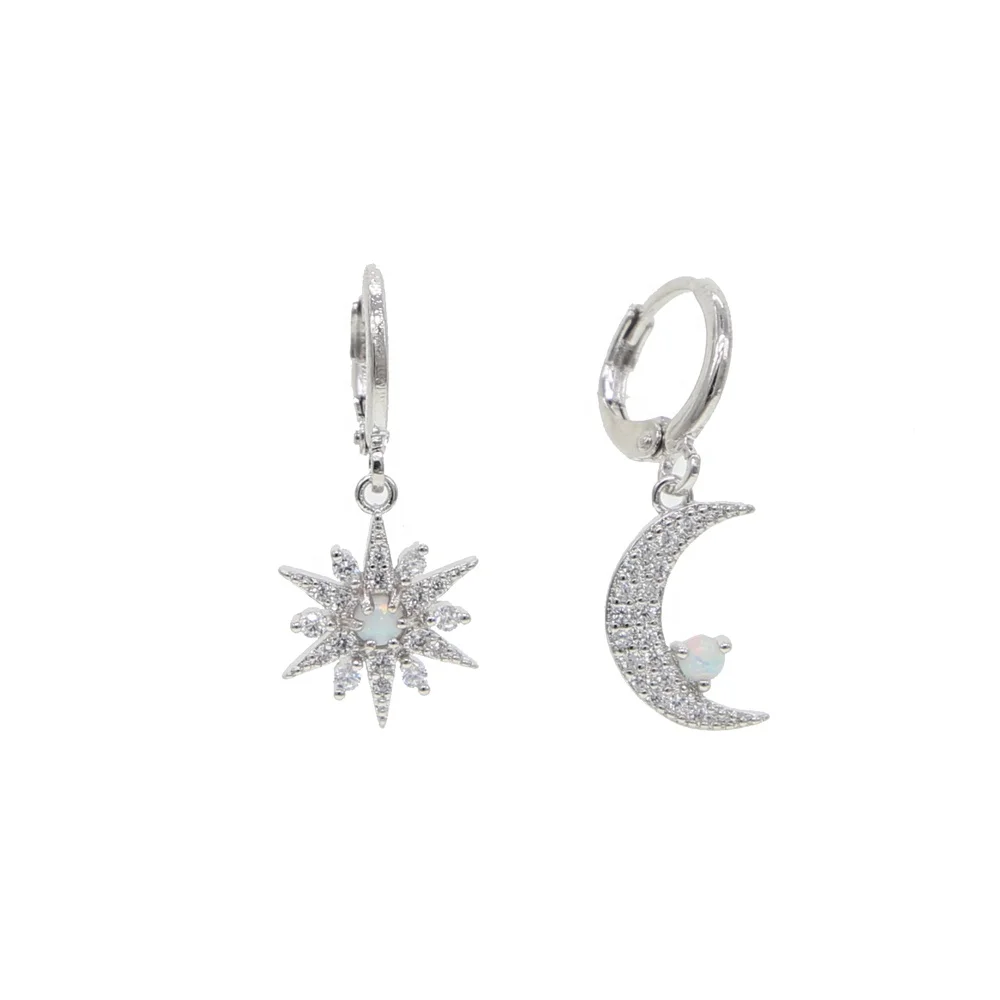 

fashion korean usa european cute star dangle hoop earring with white cz opal stone paved silver gold color earring for wedding