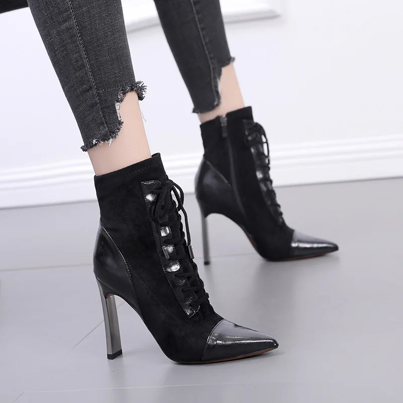 

Deleventh Shoes Woman In Stock Elegant Pointy Toe Ankle Crossed Tied Stiletto High Heel Ankle Boot Martin Boots Winter Black Red