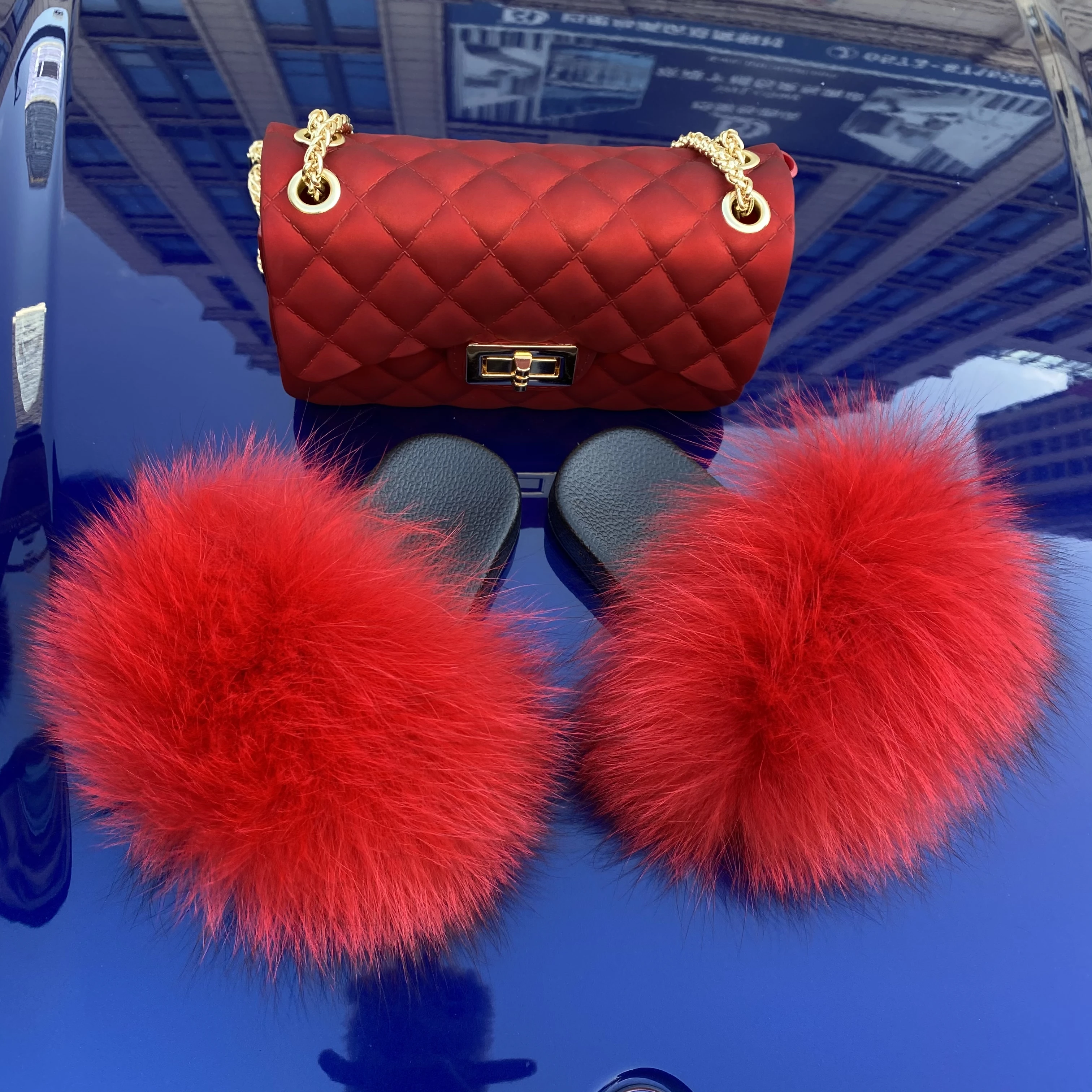 

colorful real fox fur Slippers without strap little girl mini cute purse fashion baby jelly bag set for kids and toddlers, Customized color