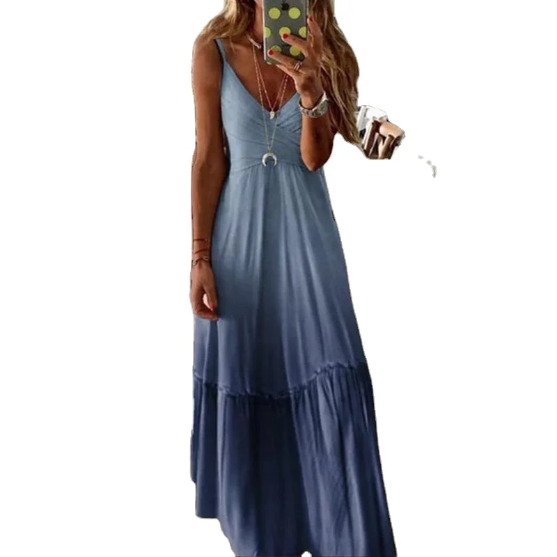 

New women's relaxed V-neck gradient suspender dress in spring and summer 2021 5XL large elegant casual dress