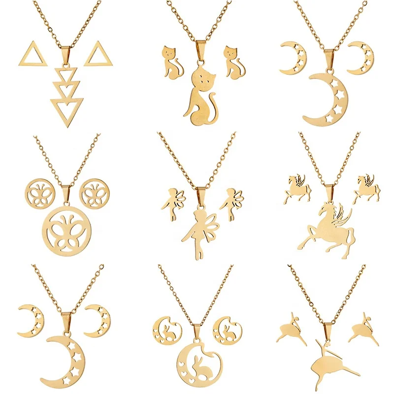 

Fashion Women Girls Gift Gold Silver Plated Cute Horse Cat Butterfly Moon Heart Earring Necklace Stainless Steel Jewelry Set, Silver & gold color