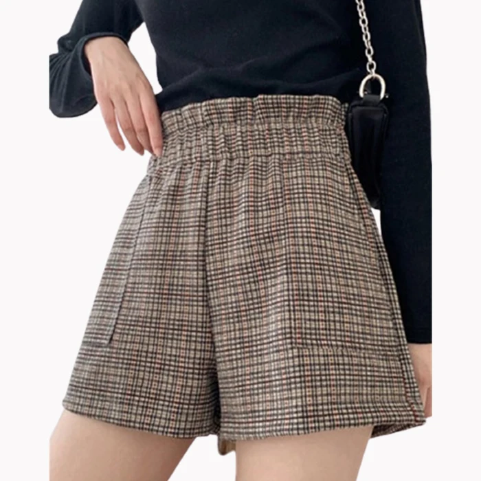 

Womens Casual Autumn Winter Elastic High Waisted Rolled wide Hem Hemming pocket Paperbag wool Plaid check Tweed Plaid Shorts, 4 colors