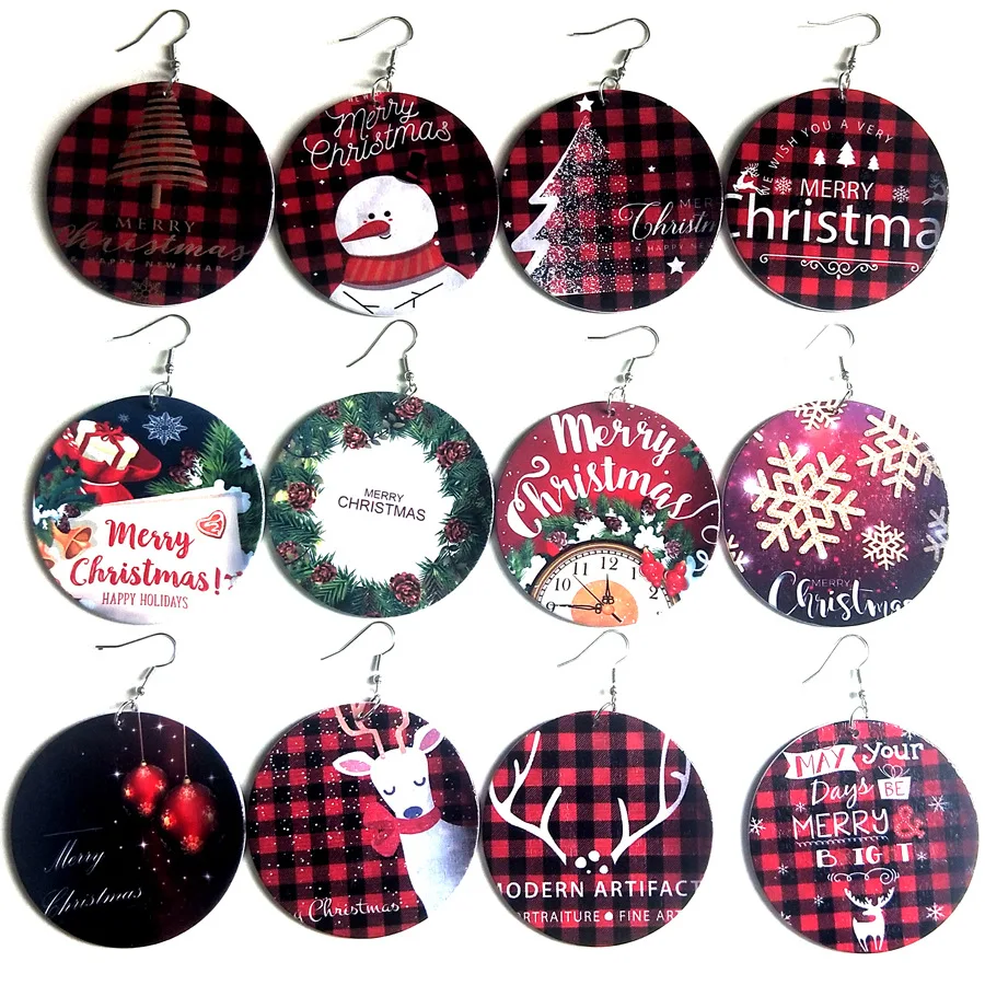 

European Fashion Colorful Printing Wooden Earring Boho African Afro Round Merry Christmas Wood Earring For Women