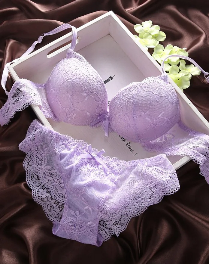 

Women Hot Fashion Purple B Cup Half Cup Flower Teen Girl Breathable Sexy Lace Bra Brief Sets