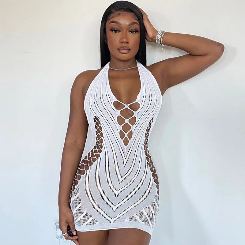 

Ladies Sexy Club Clothes Gauze See Through Backless Black Going Out Dresses Cut Hollow Out Bodycon Mini Net Dress