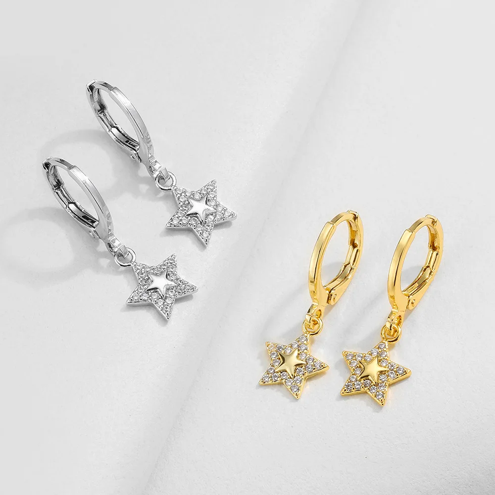 

Tiny Brass Real Gold Plated Star CZ Earrings Heart Spike Shiny Minimal Jewelry for Women Girls Dangle Huggies Earrings, Gold/silver